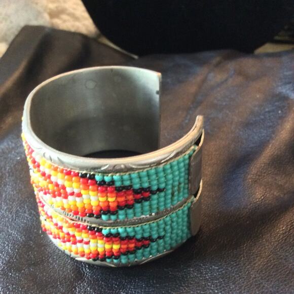 VINTAGE 30'S-40'S ARTIST SIGNED Native BEADED Wide Cuff Bracelet Unisex